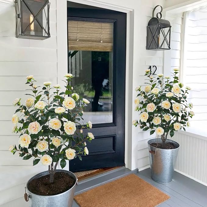 3.6FT Artificial Camellia Fake Tree, Artificial Plants & Flowers with 32 Yellow Pink Flowers for Door Front Decoration Porch Patio Living Room Office Indoor Outdoor Decoration (Contains Faux Moss)