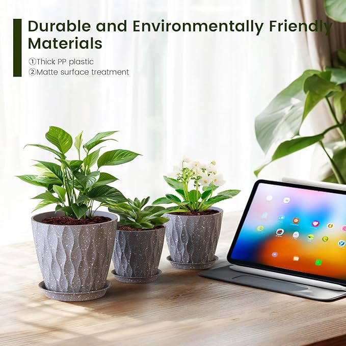 Meowell 7/6.5/6/5.5/5/4.5/4 inch Plant Pots for Indoor Outdoor Plants, 7 Pack Thick Flower Pots with Drainage Holes and Saucers, Modern Wave Texture Plastic Planters Nursery Pots, Speckled Grey