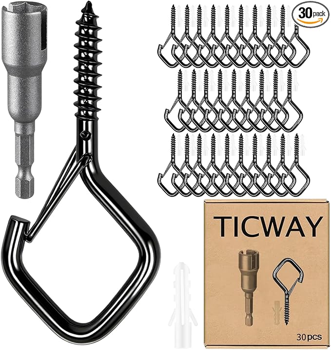30 Pcs Outdoor Hooks for String Lights,Screw Hooks for Hanging Plants,Ceiling Hooks with Safety Buckle,Square Hanger for Wind Chimes,Bird Feeder,Lanterns,Christmas Decorations (Black)