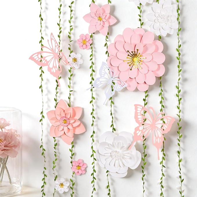 PAPER JAZZ Paper Flowers Wall Decor Gaint Flower Backdrop for Floral Theme Classroom Decoration with Butterfly and Vines Pink and White Wall Art for Bulletin Board Spring Party Garden Party
