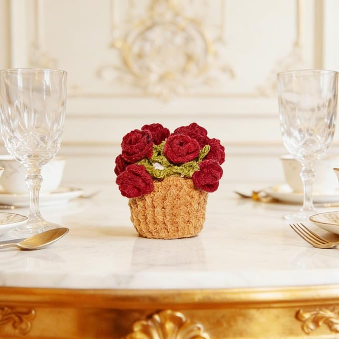 Handmade Crochet Red Rose Coaster, Realistic Mini Flower Pot Holder, Washable Cotton Yarn Table Decoration, Multi-Purpose Mat for Cup & Mug, 2 x 2 x 3.5 inches