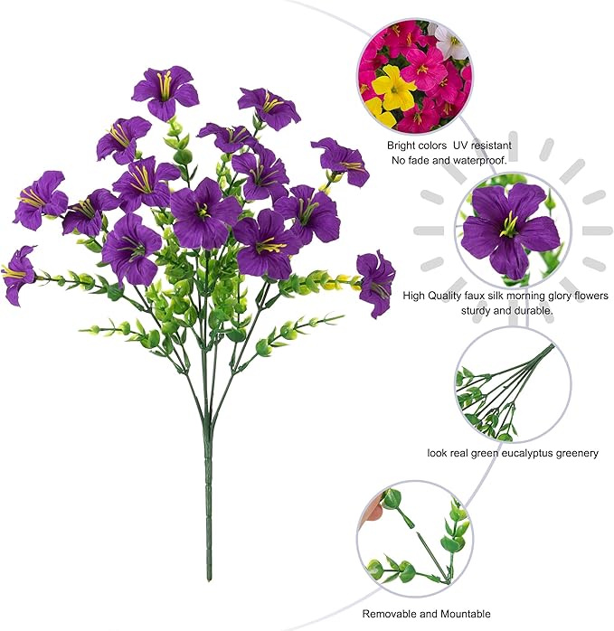 Artificial Flowers for Outdoors Decoration, 20 Bundles Faux Morning Glory with Eucalyptus Look Real UV Resistant Fake Plants Silk Flowers for Outside Yard Gardens Porch Patio Planter Home Urn, Mix