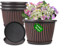 Myfeegoin Planter-Pots-for-Plants-Indoor-Outdoor, 4 Pack 10 Inch Plastic Flower Pots with Saucer & Drainage Holes, Modern Garden Planters for Planting Medium Large Plants，Decorative Resin Garden Pots