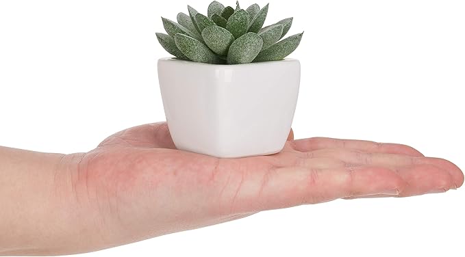 MyGift Set of 4 Mini Assorted Green Decorative Artificial Succulent Plants in Square White Glazed Ceramic Planter Pots