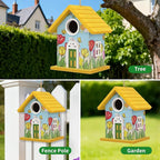 Wooden Bird Houses Bird House for Outside Yellow Wood Bird House for Outdoors,Handmade Painted Tulips Bird Houses for Garden Blue Bird Hummingbird Wren Cardinal Swallow Sparrow Finch Chickadee