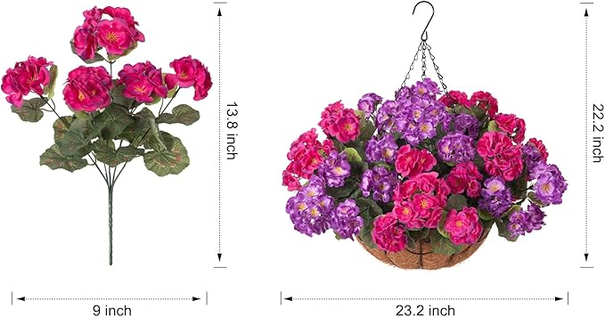 INSPRING Geraniums Artificial Flowers Hanging Basket for Outdoors Outside Spring Decoration, 8 Bundles Silk Flowers Fake Plants Look Real UV Resistant for Porch Home Patio Balcony Yard, Purple Fuchsia