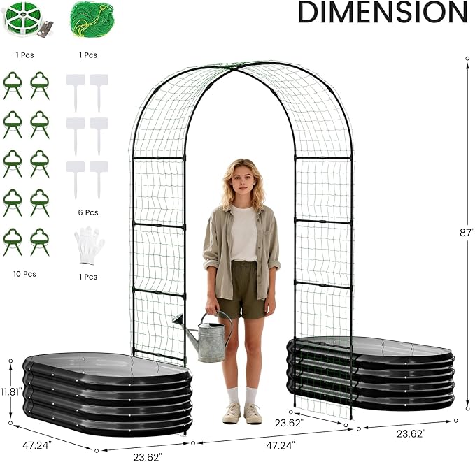 3 in 1 Galvanized Raised Garden Bed with 87" H Arch Trellis for Climbing Plants, Outdoor Gardening Planter Box with Climbing Net for Flower Vegetables Fruits Herbs, Black