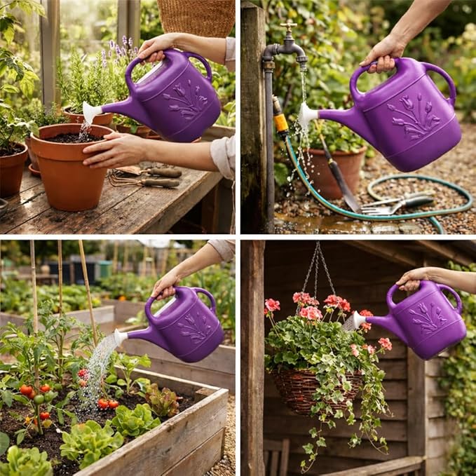 PMU 2 Gallon Watering Can - Garden Watering Can for Indoor & Outdoor Plants - Plastic Water Can with Detachable Sprinkler Head - Large Water Pot, Made in USA - Purple Pkg/6
