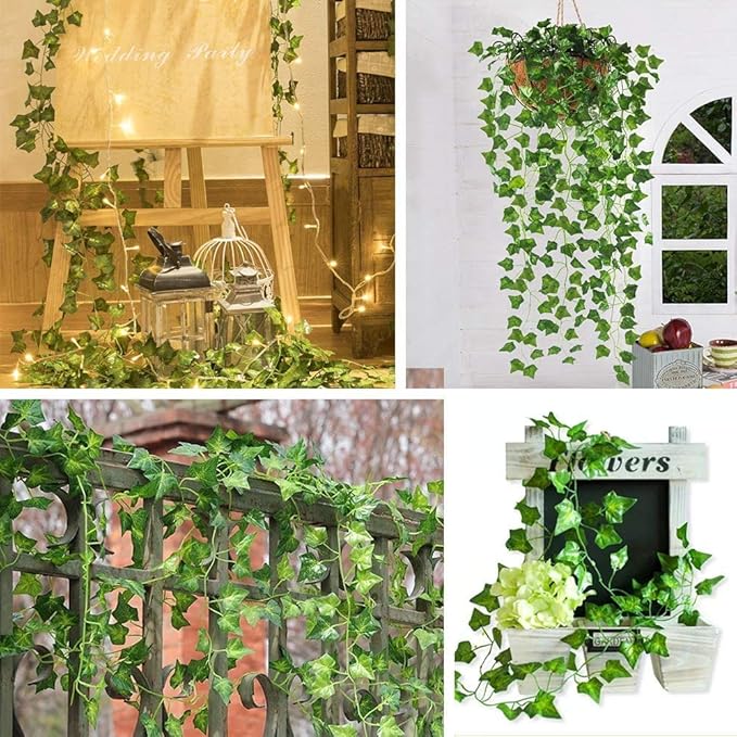 CQURE 120Pack 840Ft Artificial Ivy Fake Vines,Ivy Garland Greenery Garland Fake Hanging Plants Vines Aesthetic Green Leaves for Bedroom Wedding Party Garden Wall Room Decor