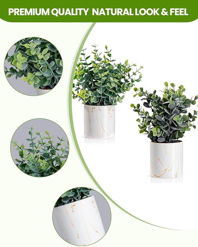 Taybonds Artificial Eucalyptus Plants in White Ceramic Pots, 2 Pack Faux Greenery Decor with Different Leaf Styles, Small Potted Plants for Shelf, Bathroom, Bedroom, Office Desk, 9.05" Tall