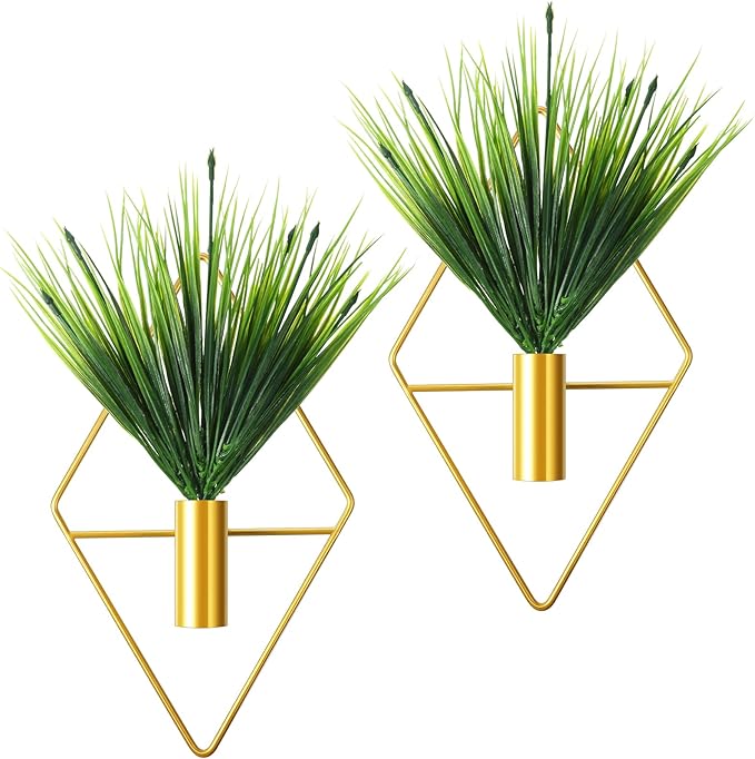 Canlierr 2 Pieces Gold Wall Decor Hanging Planters with Artificial Plants Metal Vase Indoor Plants Holder Modern Geometric Wall Art for Home Bathroom Bedroom Living Room Office(Aquatic Plant,Small)