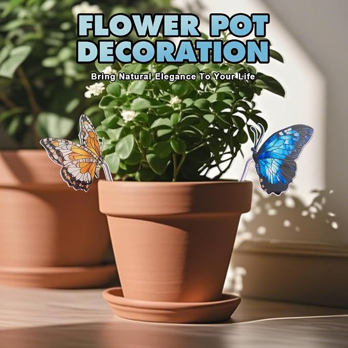 Flower Pot Decoration, 2Pcs Acrylic 2D Butterfly Plant Pot Hugger, 4.6 Inch Stained Butterfly Garden Stake Ornament Insert Decor for Indoor Patio