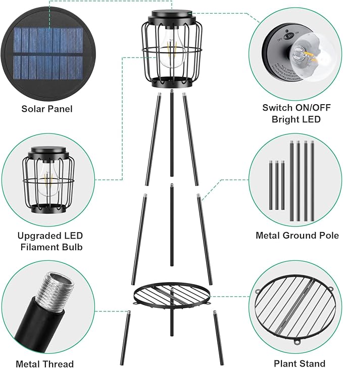 MXwcy Solar Lights Outdoor with LED Edison Bulbs, Solar Floor Lamp with Plant Stands for Garden Yard Pathway Driveway Front/Back Porch Decoration