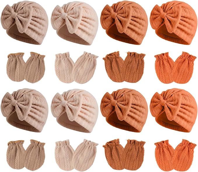 Newborn Baby Girl Hats Mittens Set Cotton Hospital Bow Hat Beanies Caps Gloves for New Born Girls 0-6 Months