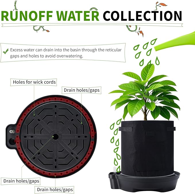 15” Self-Watering Plant Saucer, Capillary Action Theory Auto-Irrigation System, 4-Pack Bases with pH Test Tank & Water Gauge, Heavy Duty for Use in Indoor Grow Tents/Outdoor Gardens