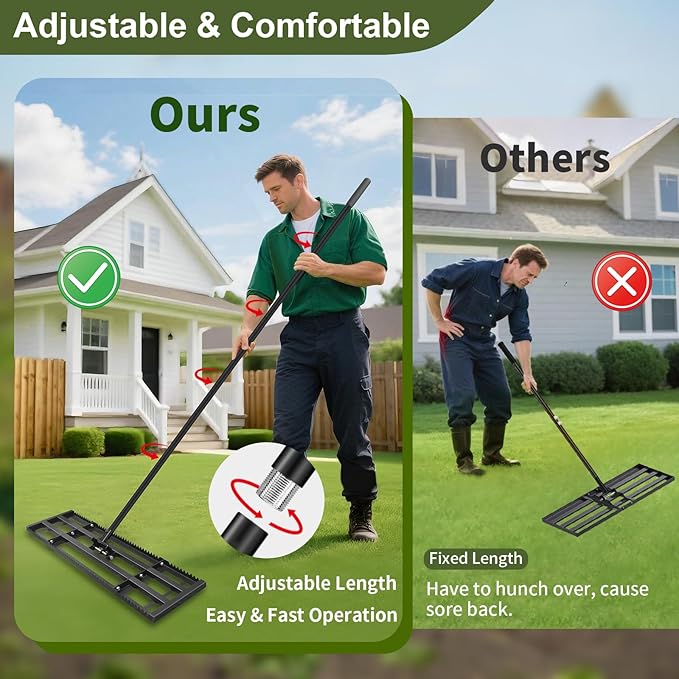 Lawn Leveling Rake-32''x10 Heavy Duty Leveler Reinforced Landscape Tool, Steel Lawn Rake with Serrated Edge & Smooth Plate for Level Soil Compost Sand Grass Dirt Yard Garden 6.5FT Adjustable Handle