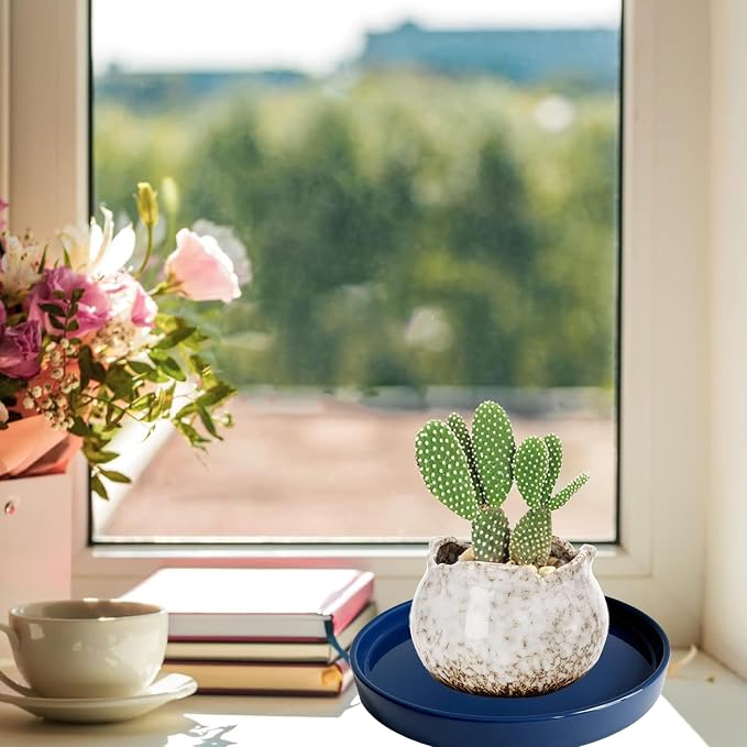 Plant Saucer Pot Tray Planter Saucers 4 Pack 4 inch, 5 6 7 8 9 10 11 12 13 15 Inch for Indoors Outdoor, Durable Sturdy Ceramic Flower Drainage drip Water Tray for Glazed Pots Base ((4.5"/4.1"-Blue)
