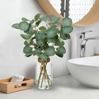 Briful Artificial Eucalyptus Stems in Glass Vase with Faux Water, 14" Fake Plant Eucalyptus Leaves for Home Farmhouse Wedding Centerpiece Bathroom Décor, 2 Packs