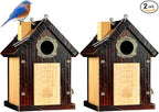 SISTERBIRD Pack of 2 Premium Bluebird Houses for Outside, All Seaons Bird Houses for Outside, Wooden Cabin Birdhouses for Outdoors, Weatherproof Courtyard Decorated Hanging Bird House