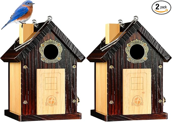 SISTERBIRD Pack of 2 Premium Bluebird Houses for Outside, All Seaons Bird Houses for Outside, Wooden Cabin Birdhouses for Outdoors, Weatherproof Courtyard Decorated Hanging Bird House