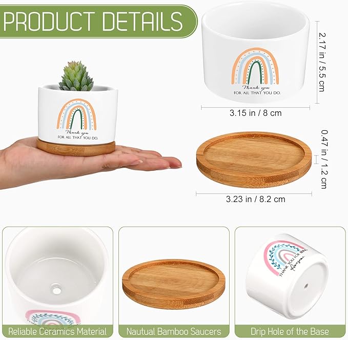 Sieral 6 Pcs Thank You Employee Appreciation Gift Succulent Pots Social Worker Gift Ceramic Plant Pot with Bamboo Tray Succulent Planter for Coworker Teacher, Plants Excluded (Boho Style)