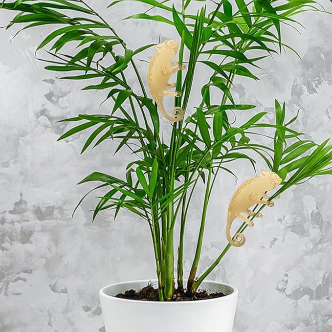 Rainteam Plant Animal Decor Brass Plant Charms for Live Plants Cute Animal Plant Hanger Ornaments for Pots Garden Plant Decorations Plant Accessories Gift for Plant Lovers(2 Chameleon)