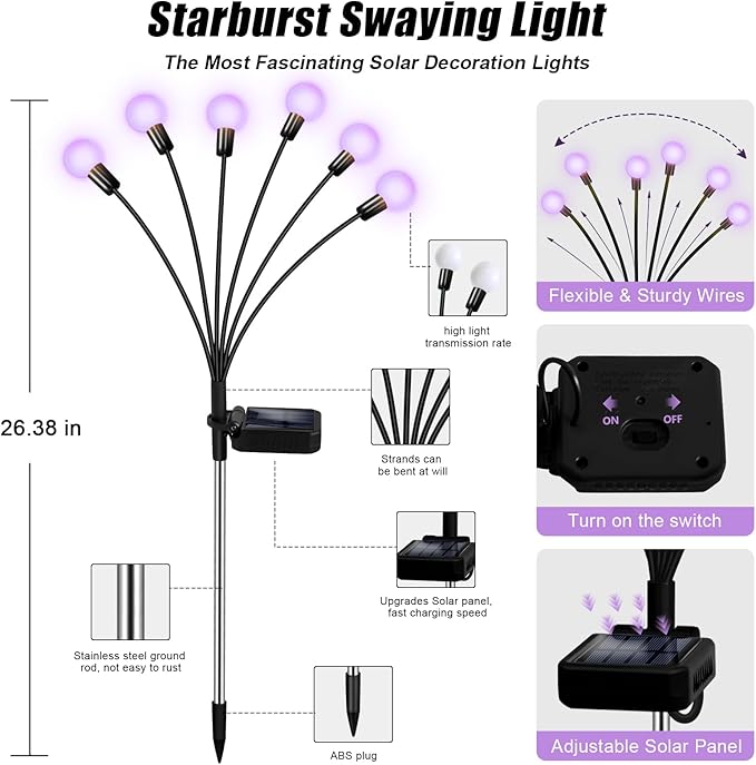 NBQQ Solar Garden Lights Outdoor, Waterproof Solar Powered Lights for Yard Pathway Patio, Swaying Lawn Decor as Gardening Gifts for Women Holiday (Purple, 2 Pack)