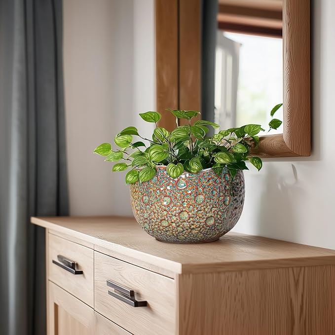 8 Inch Plant Pot - Ceramic Planter for Indoor Outdoor Plants, Unique Pots for Plants with Drainage Hole and Plug, Round Planter, Garden Decor, Gifts for Plant Lovers, Speckled-Brown