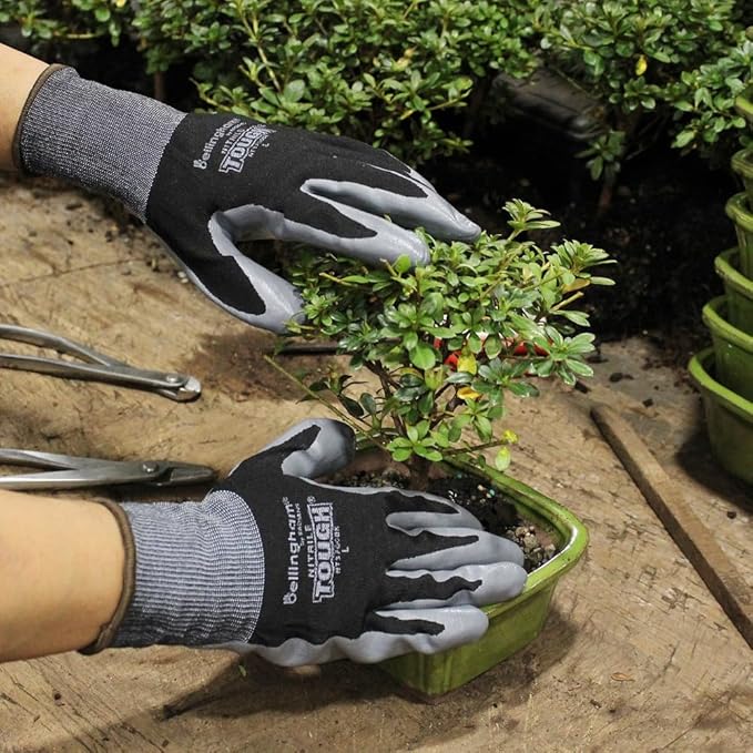 Brussel’s Bonsai Nitrile Tough Gardening Gloves – Durable Nitrile Coated Gloves – Black, Pair, Large