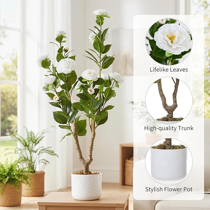 Garvee 3FT Artificial Camellia Tree 2 Pack, Faux Camellia Plant with White Planter and 16 White Flowers, 36" Fake Potted Flower Trees for Home and Office Decor