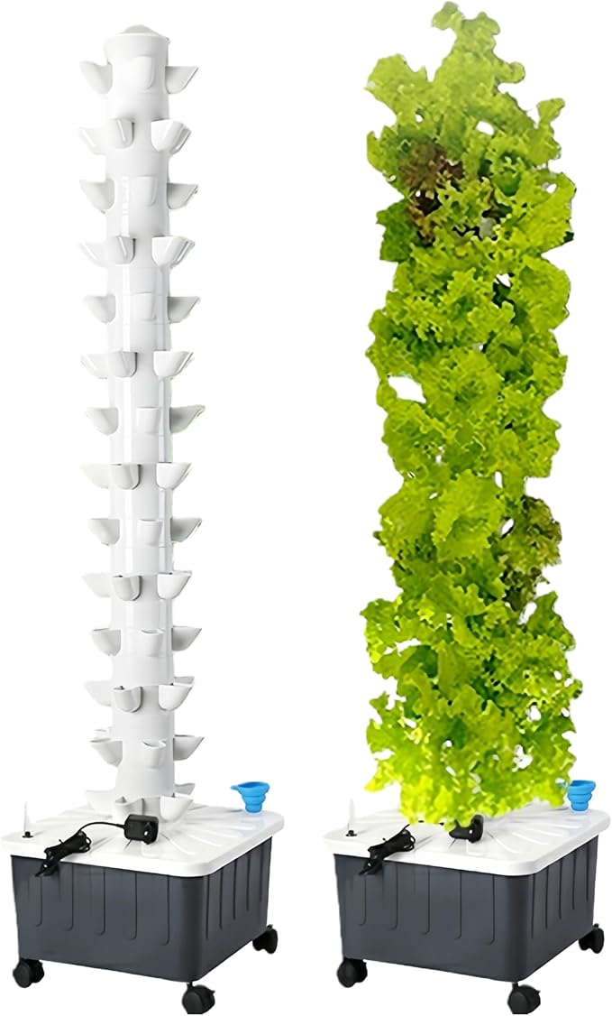 Vertical Hydroponics Growing System,Aeroponic Grow Tower for Herbs, Fruits and Vegetables 14 Layer 70 Plants Sites with Movable Water Tank Hydrating Pump, Timer, Adapter