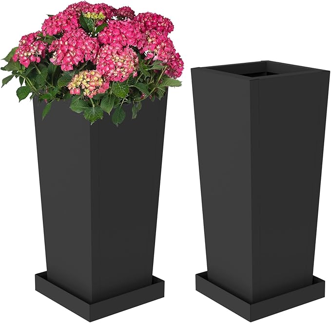 Metal Tall Planters 26 inch Set of 2, Durable Taper Planter with Drainage Holes & Rust-Proof Coating & Trays for Outdoor Indoor Garden Patio Front Door