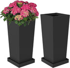 Metal Tall Planters 26 inch Set of 2, Durable Taper Planter with Drainage Holes & Rust-Proof Coating & Trays for Outdoor Indoor Garden Patio Front Door