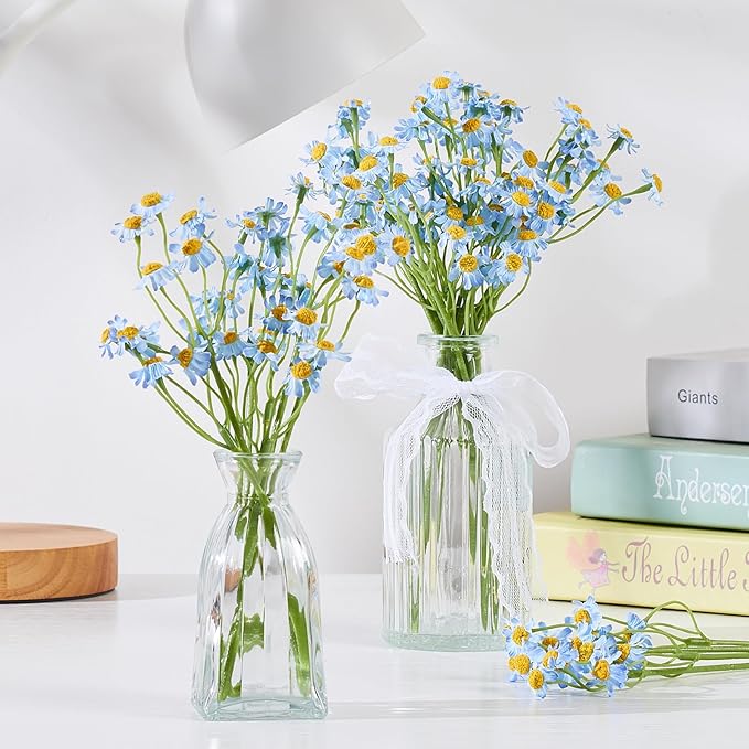 Small Artificial Blue Daisy Flowers - 2 Bouquets (12 Stems), 10 Inch Fake Daisies for Spring Home Decor, Wedding, Party, Table Centerpiece (Vase Not Included)