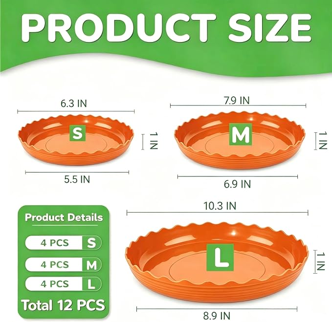 12 Packs Terracotta Wave Plant Saucer - Plastic Flower Pot Drip Trays/Durable Heavy Duty Red Plant Tray for Indoor and Out Door Plant(6/8/10 inch)