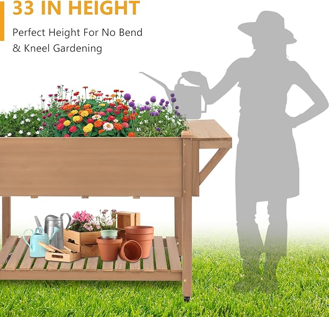 ketive Raised Garden Bed with Lockable Wheels Mobile Elevated Wood Planter,Storage Shelf, Protective Liner,55.5x24x32in (Brown)