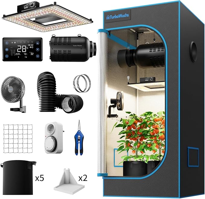 Grow Tent Kit Complete System 2.3x2.3 ft, 100W LED Grow Light with LM301H EVO & Sunrise Timer, 1680D High-Reflective Mylar Tent, 4 Inch Smart 2-in-1 Ventilation System with Carbon Filter & Clip Fan