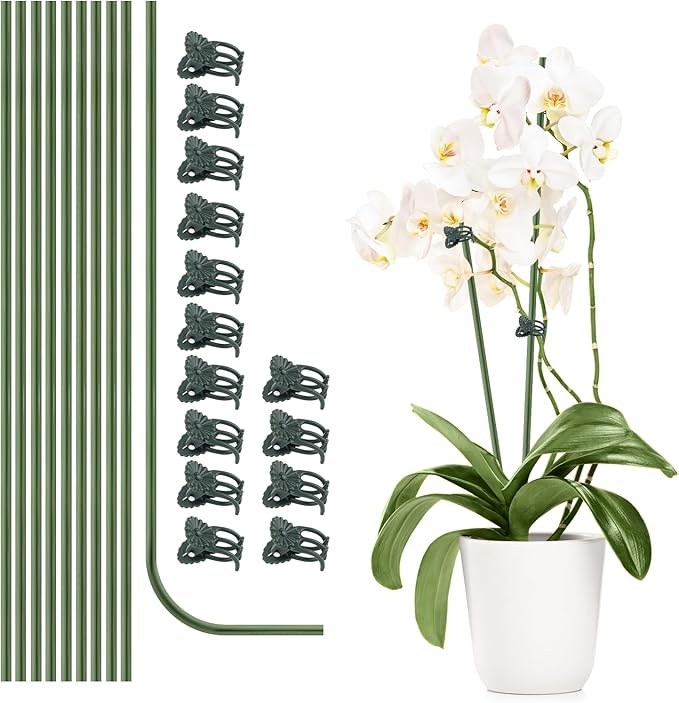 10Pcs Plant Support Stakes with 15pcs Plant Clips,15.7 Inches Bendable Plant Sticks for Indoor and Outdoor Plants,Single Stem Flower Stakes for Phalaenopsis Orchid Flower Roses(Green)