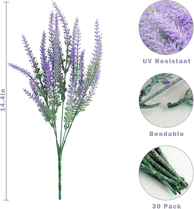 obbsie 30 Bundles Artificial Lavender Outdoor, 14.5" UV Resistant Faux Plants Outdoor Greenery Stems No Fade Plastic Fake Flowers for Window Garden Office Patio Porch Decor