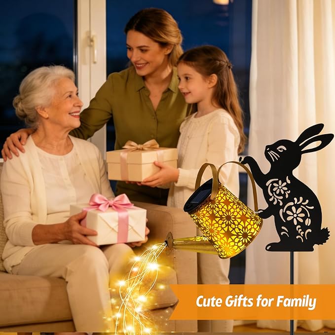 Solar Watering_Can Lights, Bunny Hanging Lantern Solar Lights Outdoor, Rabbits Lover Gifts for Mom Women Birthday Mother's Day Christmas, Waterproof Garden Decor Outside Patio Yard Pathway Backyard