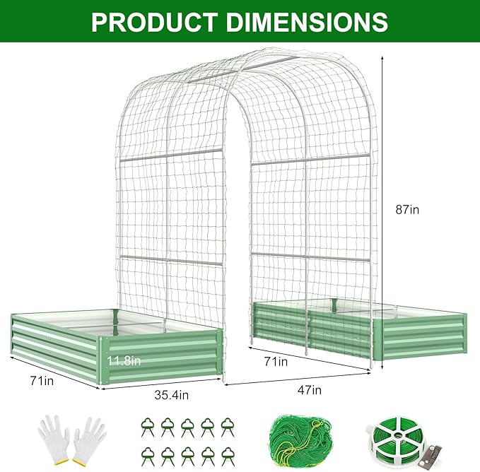 SUNYRISY Galvanized Raised Garden Bed with 87" H Arch Trellis for Climbing Plants Outdoor, Large Metal Planter Box with Netting for Gardening Flowers Vegetables Fruit, Green