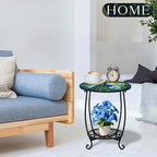 Outdoor Side Table Round Small Mosaic Patio Accent Indoor End Plant Coffee Tea Table for Yard Patio Porch Garden Living Room, Bedroom(Peacock Style,12 Inch)