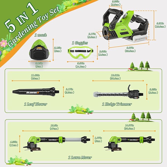 UPGRADED Kids Tool Set, 3-IN-1 Toddler Power Garden Tools with Sounds & Lights, Volume+/-, Toy Weed Wacker, Leaf Blower & Hedge Trimmer, Hat, Gloves, Apron, Toy Tools Christmas Birthday Gifts for Boys