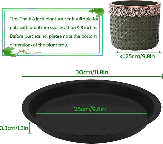 6 Pack 12 Inch Round Plant Saucers for Less 10 Inch Pot Indoors Outdoors Plant Trays for Pots Planter Saucer Plastic Drip Tray Planter Water Tray (Black, 11.8"(6pcs))