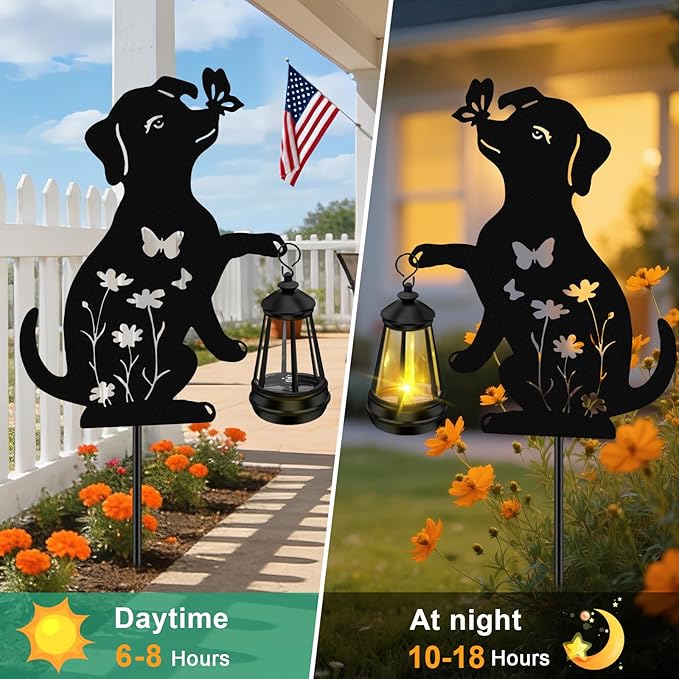 Mothers Day Gifts, Solar Garden Decor Lights,Outdoor Metal Dog Statues with Lantern, Waterproof Solar Lights for Yard Patio Lawn Pathway Art Decoration, Unique Gardening Gifts for Women Mom Dog Lovers