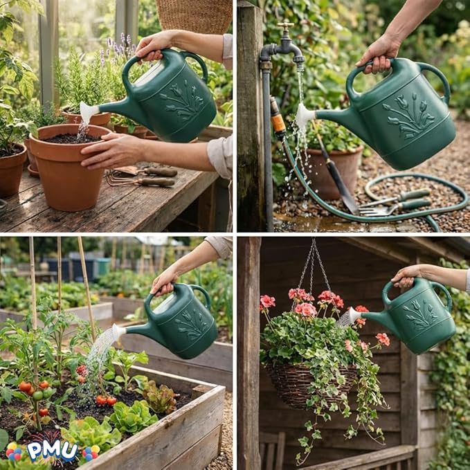 PMU 2 Gallon Watering Can - Garden Watering Can for Indoor & Outdoor Plants - Plastic Water Can with Detachable Sprinkler Head - Large Water Pot, Made in USA - Hunter Green Pkg/6