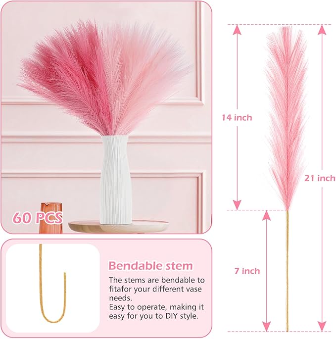 SeptCat 60 Pcs Pampas Grass Pink Decor 21.7" Fluffy Faux Short Pampas Grass Artificial Small Pompas Grass Flower Vase Filler for Home Wedding Decoration