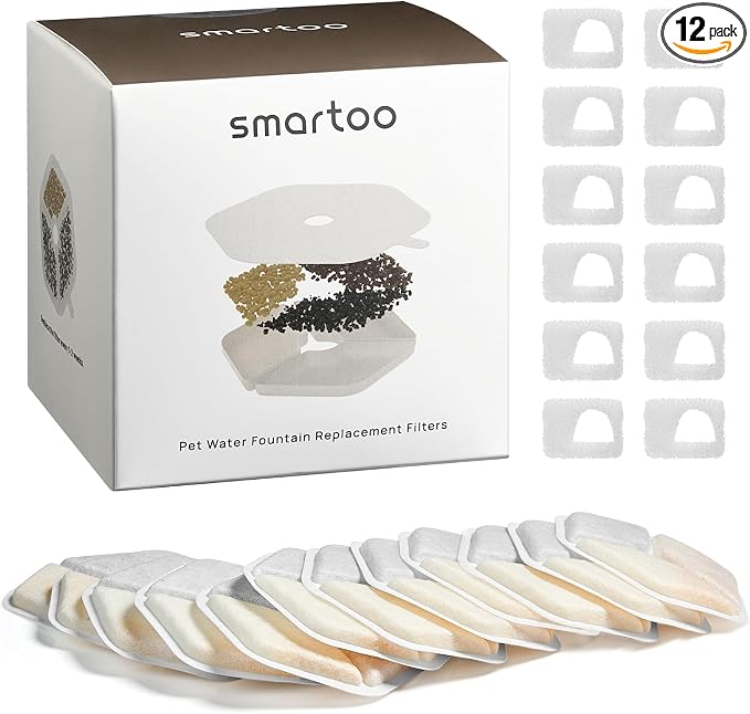 Smartoo 12 Packs Official Replacement Filters and 12 Packs Sponges for 152oz/4.5L Wireless Cat Water Fountain PTM-643