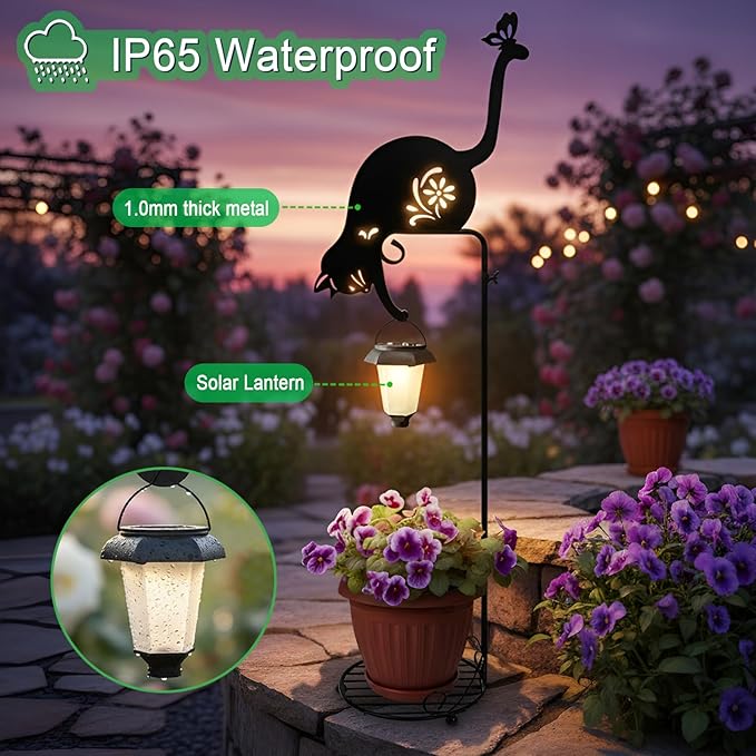 Solar Floor Lamp with Plant Stand Outdoor,Metal Black Cat Garden Decorations,Solar Lanterns Outdoor Front Porch Decor for Deck,Patio,Yard