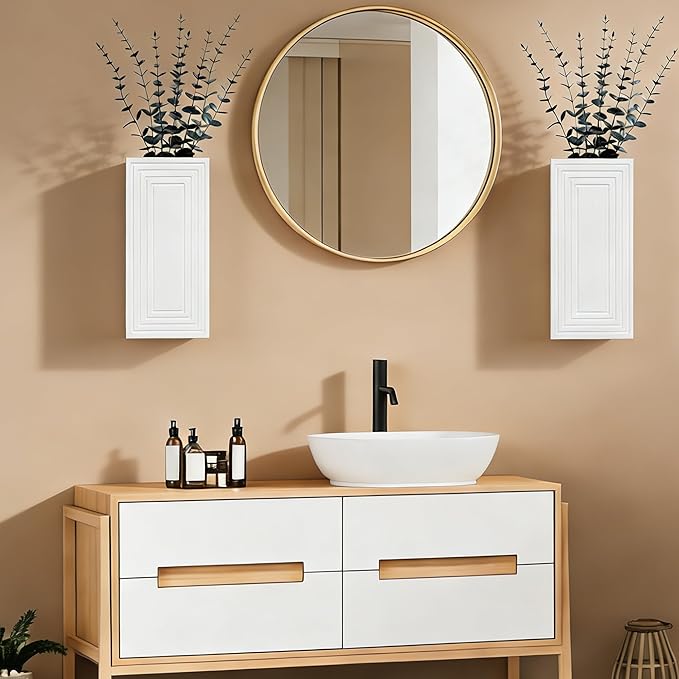Wooden Wall Planter Vase, 2 Pack White Wood Hanging Vases with Fake Eucalyptus for Indoor Modern Boho Farmhouse Wall Art Decor for Home Indoor Kitchen Modern Farmhouse Bathroom